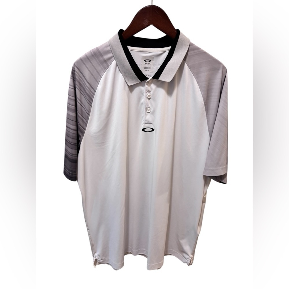 Oakley AERODYNAMIC Polo Golf Shirt White/Gray Sz 2XL Short Sleeve Athletic